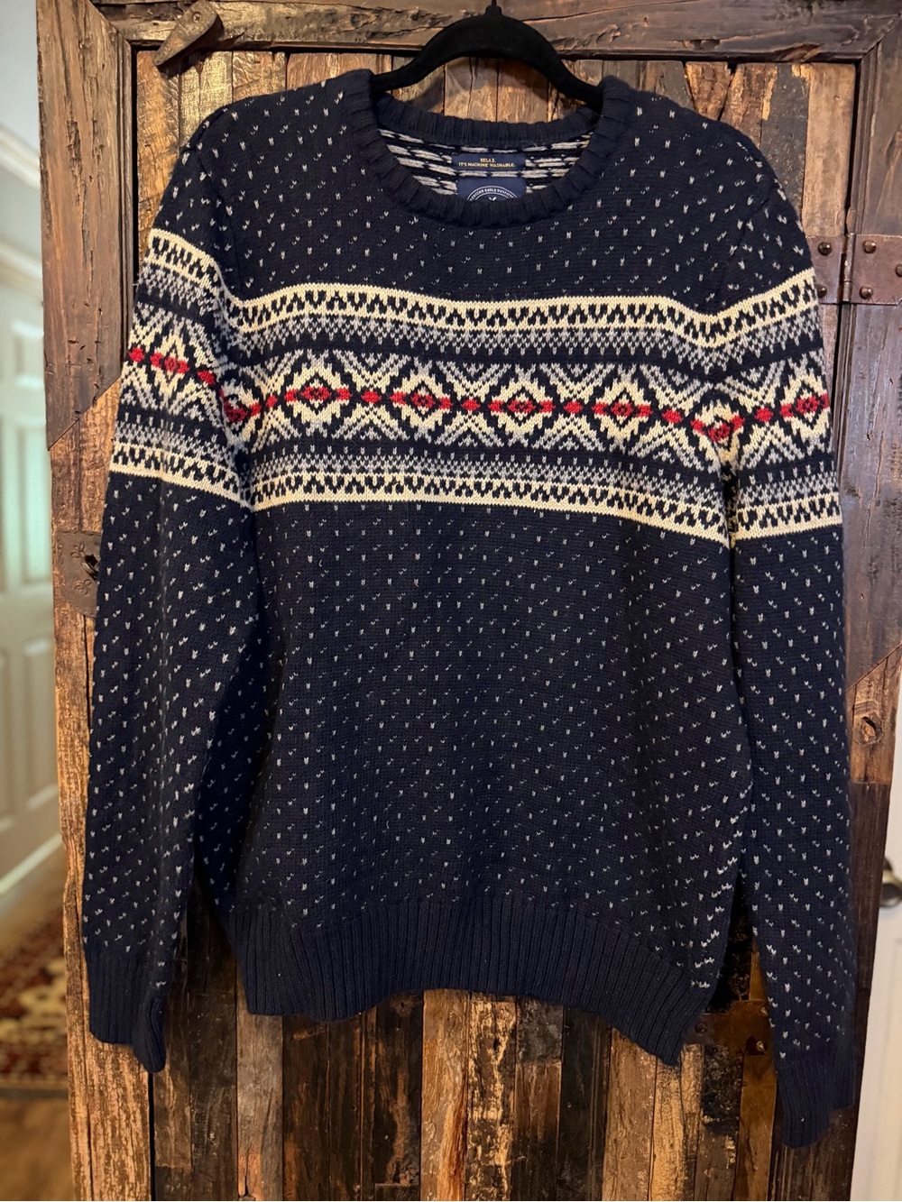 American Eagle Mens L Fair Isle Sweater Navy Rabbit Hair Nordic grandpa